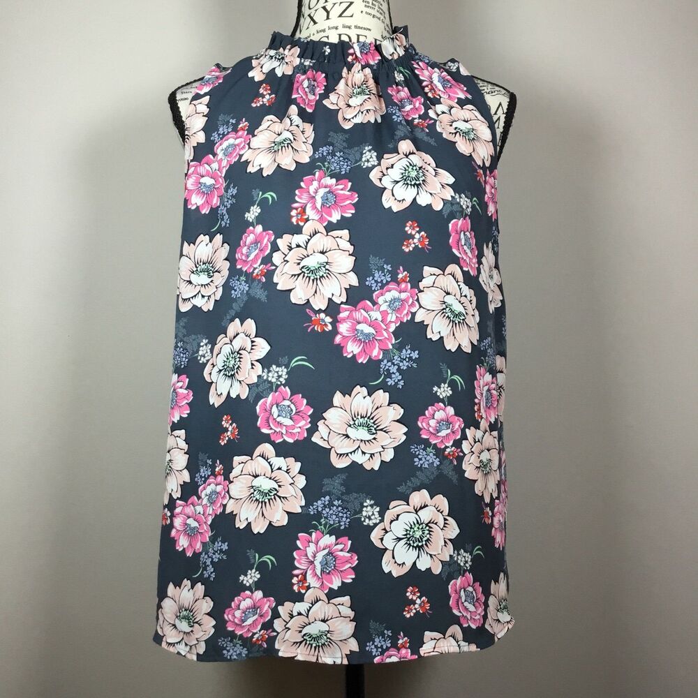 Elastic ruffle neck sleeveless grey floral pink red peach top dark feminine XS